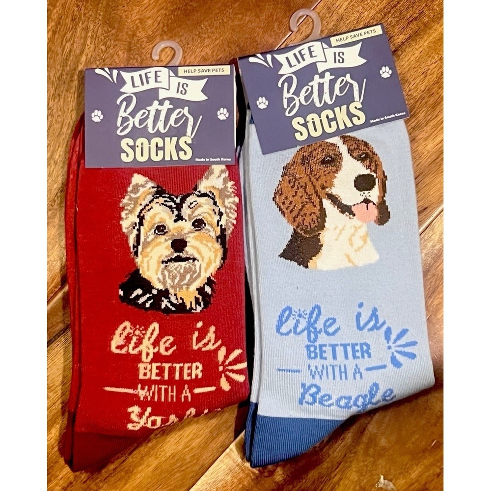 Life Is Better With Yorkie & Beagle Crew Socks NWT Unisex One Size E&S Pets
